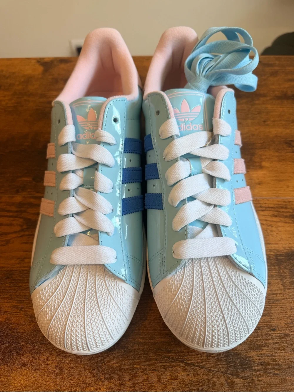 Adidas Men’s Superstar Sneakers - Light Blue with Pink Stripes 13M
